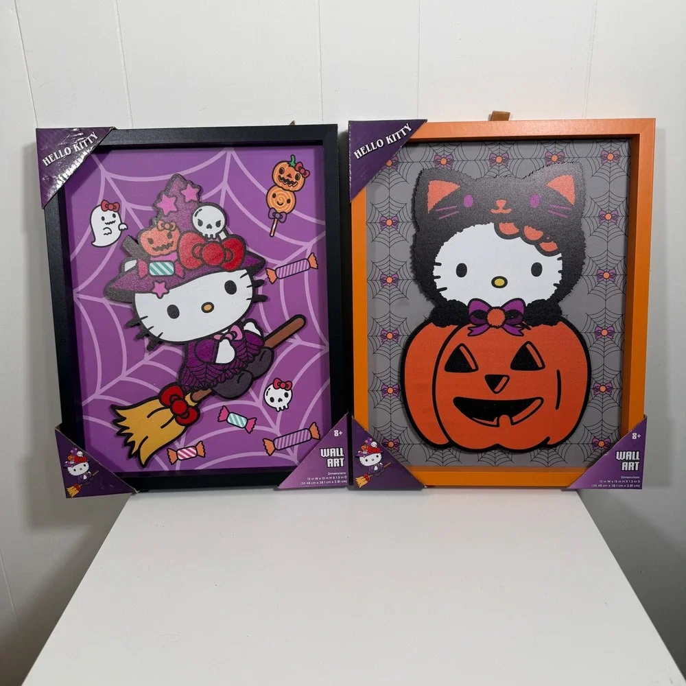 Hello Kitty Sanrio Halloween Wall Art Set 2pc Witch Broom Pumpkin 12x15 New